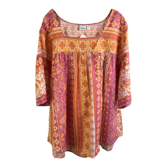 The Vermont Country Store Blouse Womens 2X Pink Orange Floral Cotton - Picture 1 of 8